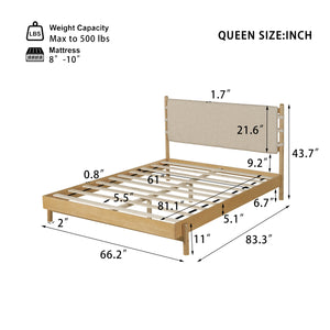 Premium Rubber Wood Platform Bed Frame, Queen Size with Headboard