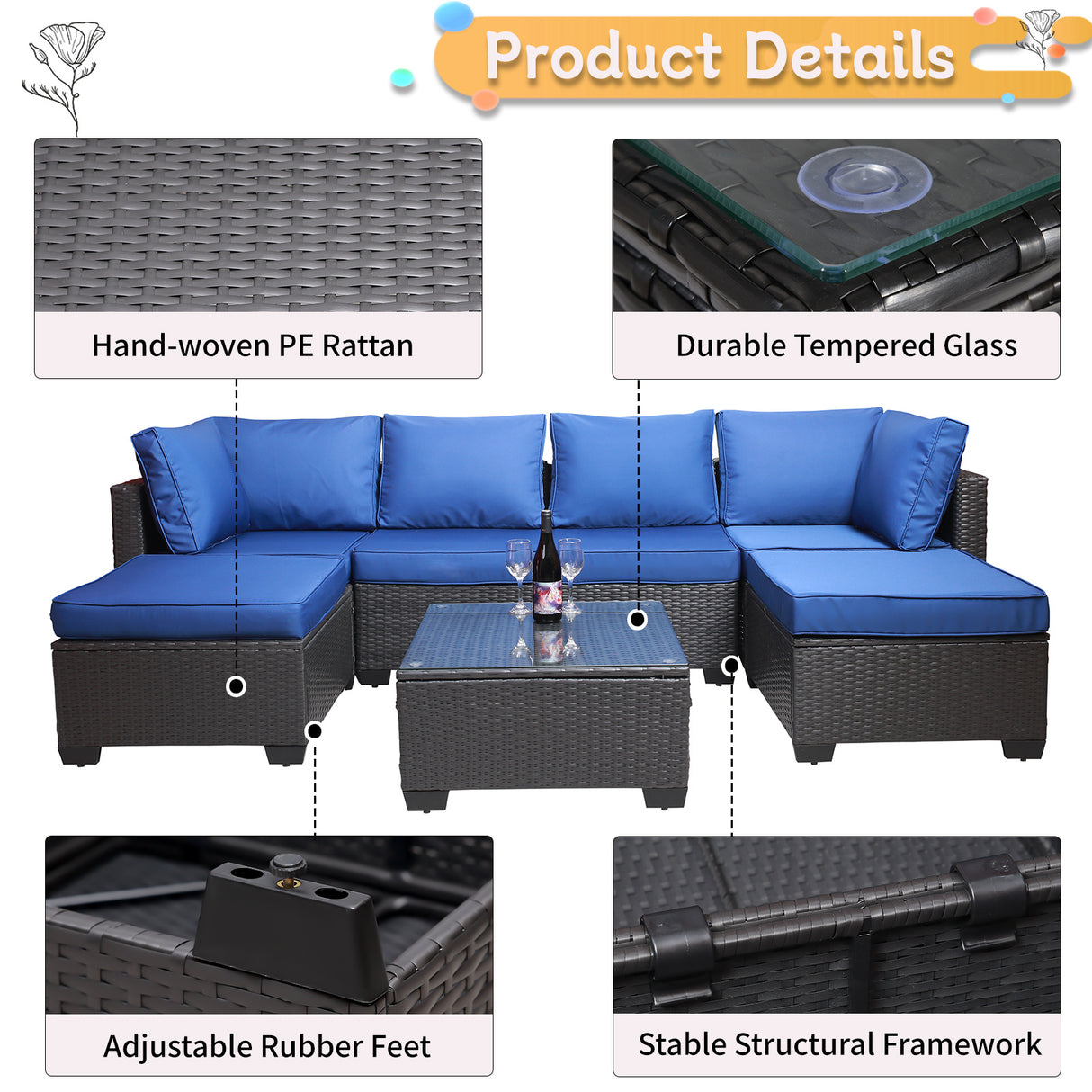 Outdoor garden patio furniture 7-piece pe rattan wicker cushioned sofa sets  and coffee table