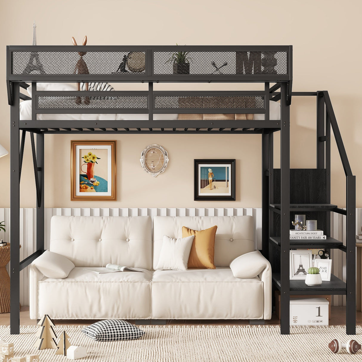 Twin Size Loft Bed with Stairs, Metal Full Loft Bed with Storage Shelves