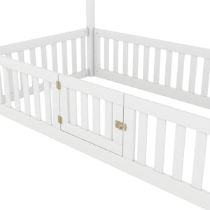 Wood House Bed With Fence And Door