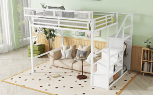 Queen Size Loft Bed with Stairs, Metal Queen Loft Bed with Storage Shelves