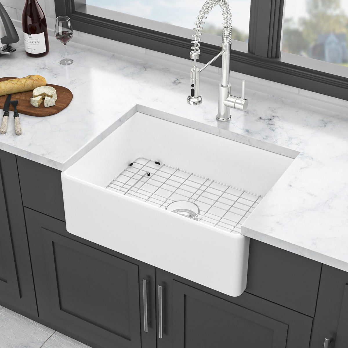 Farmhouse Ceramic Apron Front Single Bowl Kitchen Sink with Durable Design - White or Black