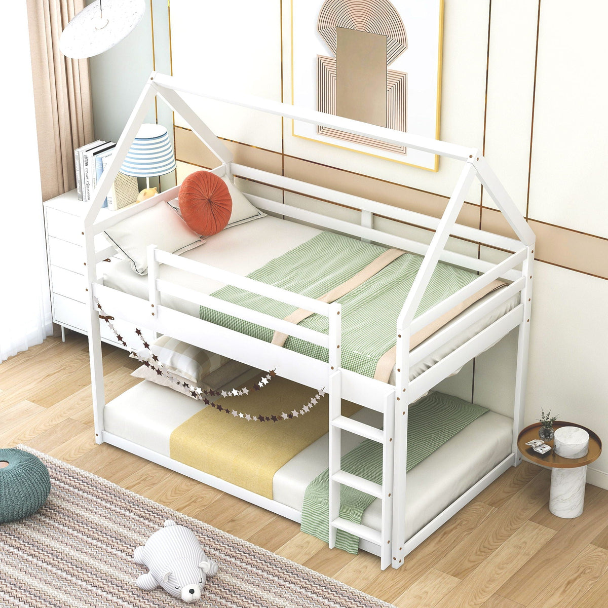 Low Bunk Bed With House Shaped Frame And Ladder