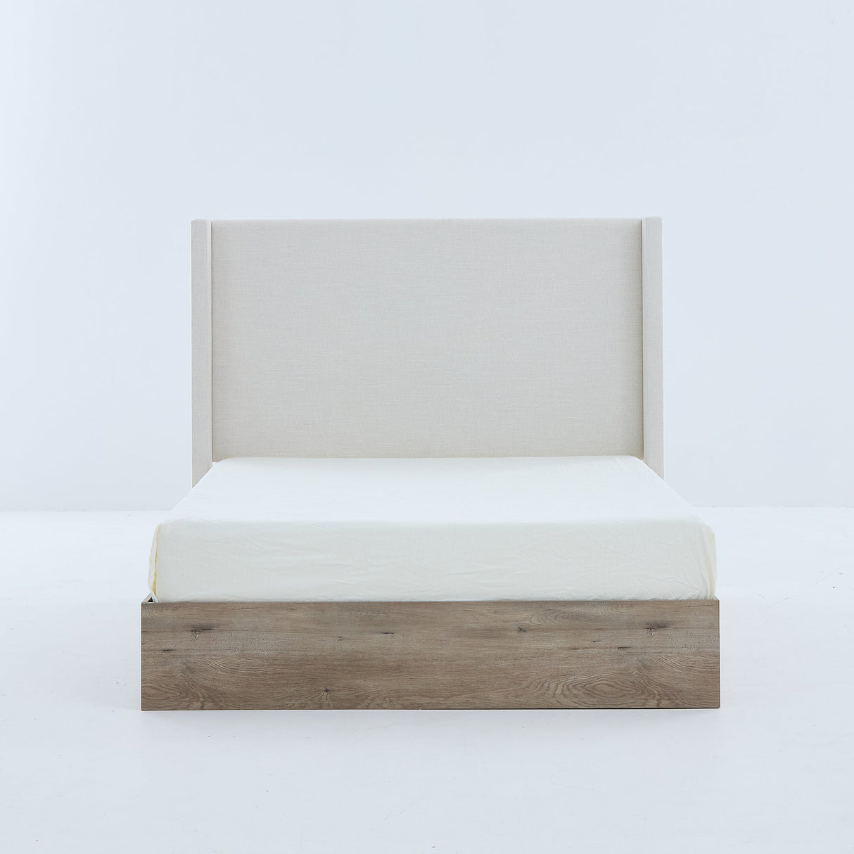 Shelton Upholstered Wingback Bed with 54-inch High Headboard in Textured Ivory Canvas Chenille