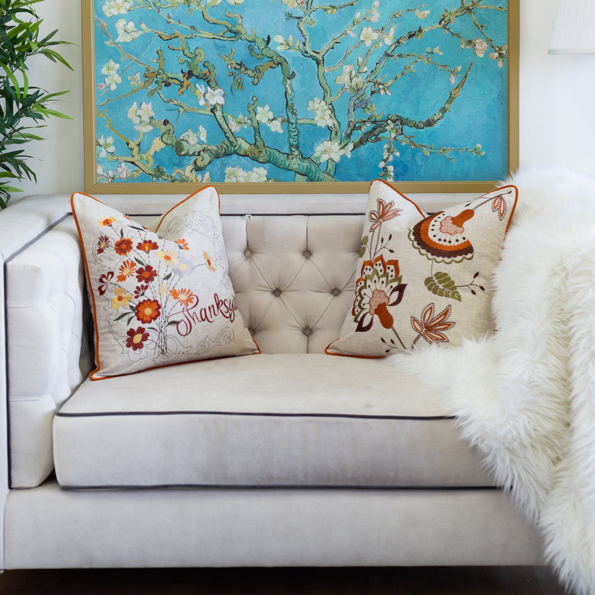 Thanksgiving Embroidered Floral Throw Pillow – Autumn Harvest Accent Cushion Set of 2