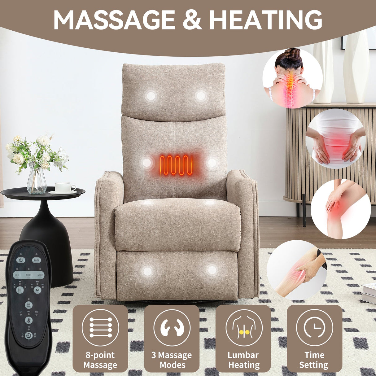 Heat Massage Manual Recliner Chair with Rocker and Swivel in Khaki