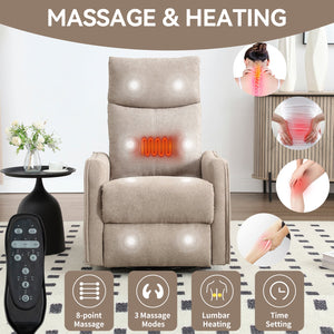 Heat Massage Manual Recliner Chair with Rocker and Swivel in Fabric for Living Room, Khaki