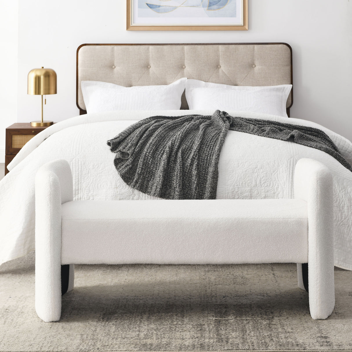 Welike 52' Bench for Bedroom End of Bed Modern Contemporary Design Ottoman Couch Long Bench Window Sitting Fireplace Bench, Teddy White (Ivory)