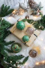 Green with Glitter Glass Decorative Hanging Ball Christmas Tree Ornaments, Set of 6