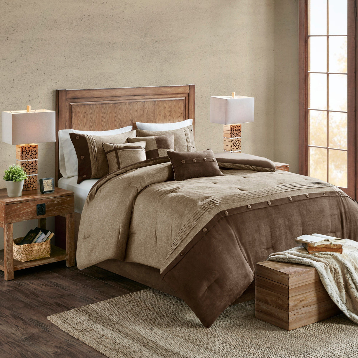 7 Piece Faux Suede Comforter Set Brown California King