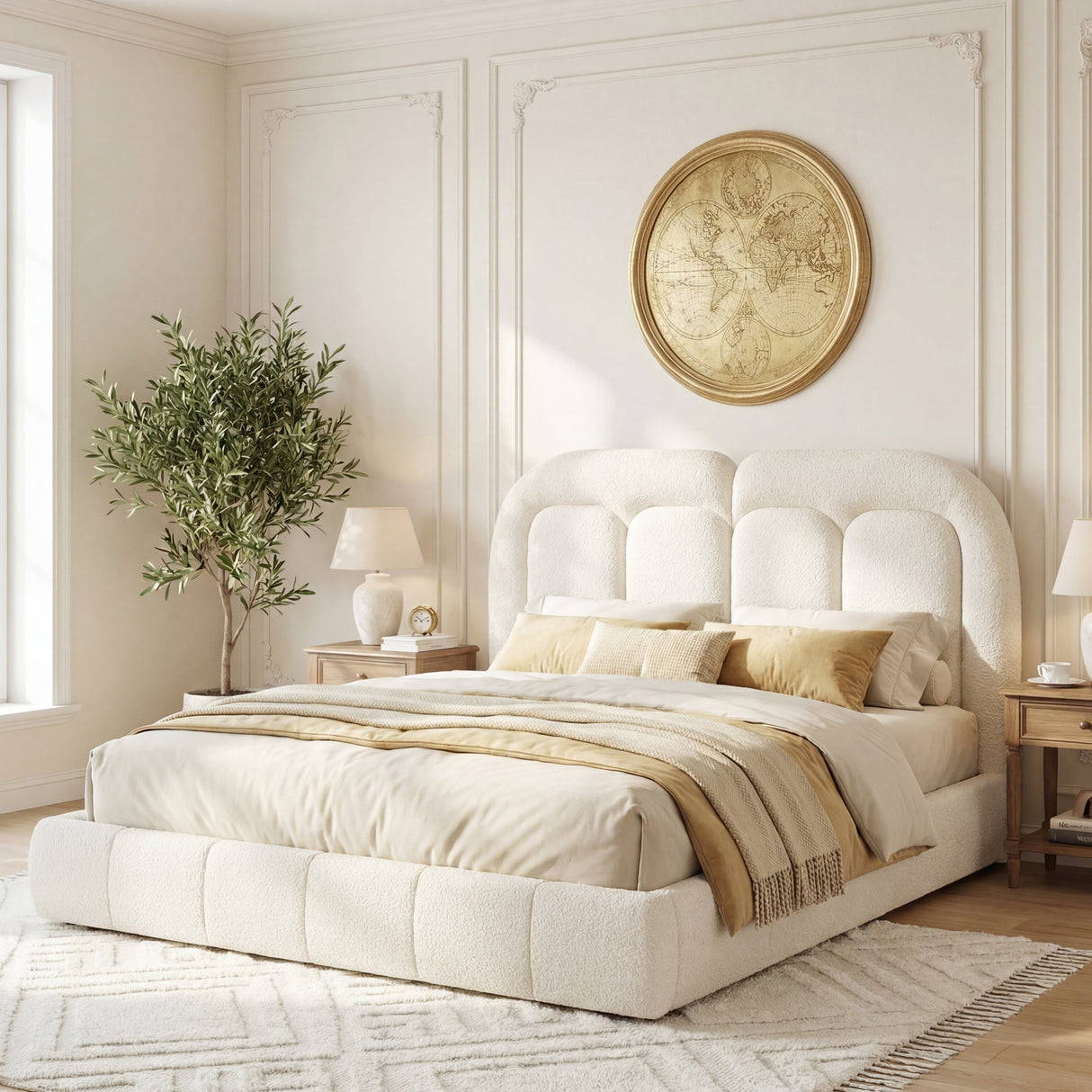 Queen Size Boucle Upholstered Platform Bed with Tufted Headboard