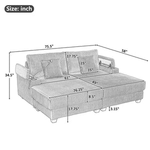 Modern Chaise Sofa With Adjustable Backrest, Cup Holders, Phone Holder & Storage Compartments