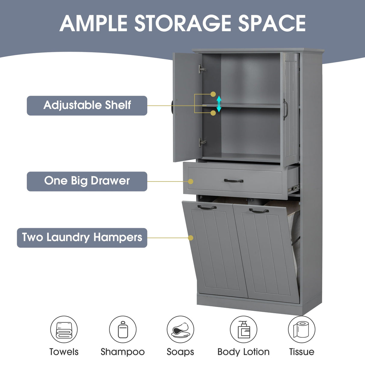 Modern Bathroom Storage Cabinet With Two Laundry Baskets, One Drawer, Adjustable Shelf