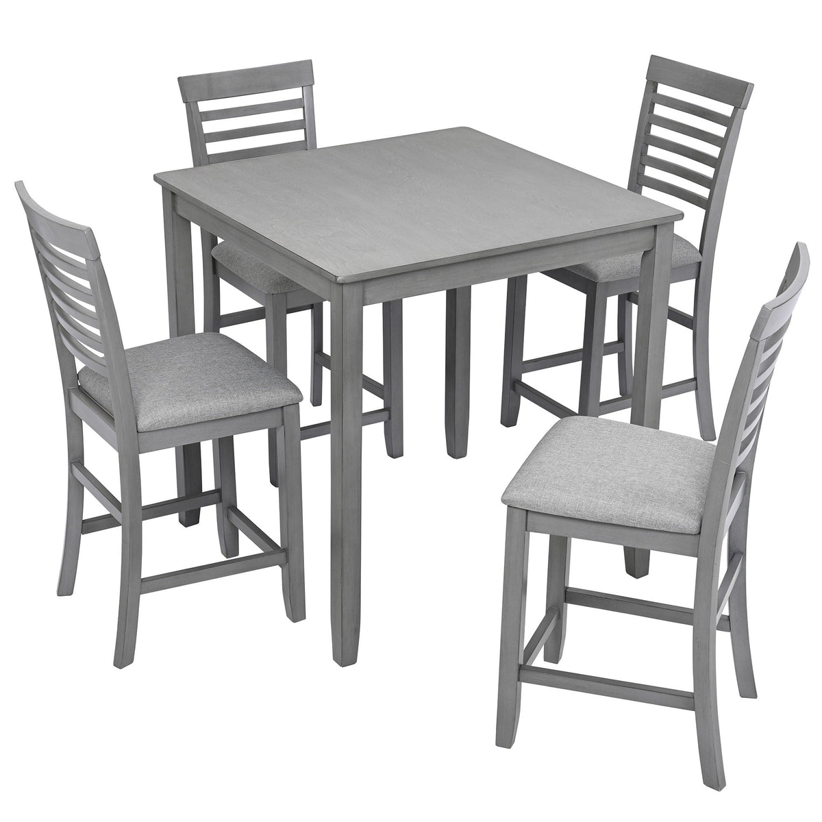 5 Piece Dining Table Set, Wooden Dining Square Table Set For 4, Counter Height Kitchen Table Set With Square Table And 4 Upholstered Chairs - Gray