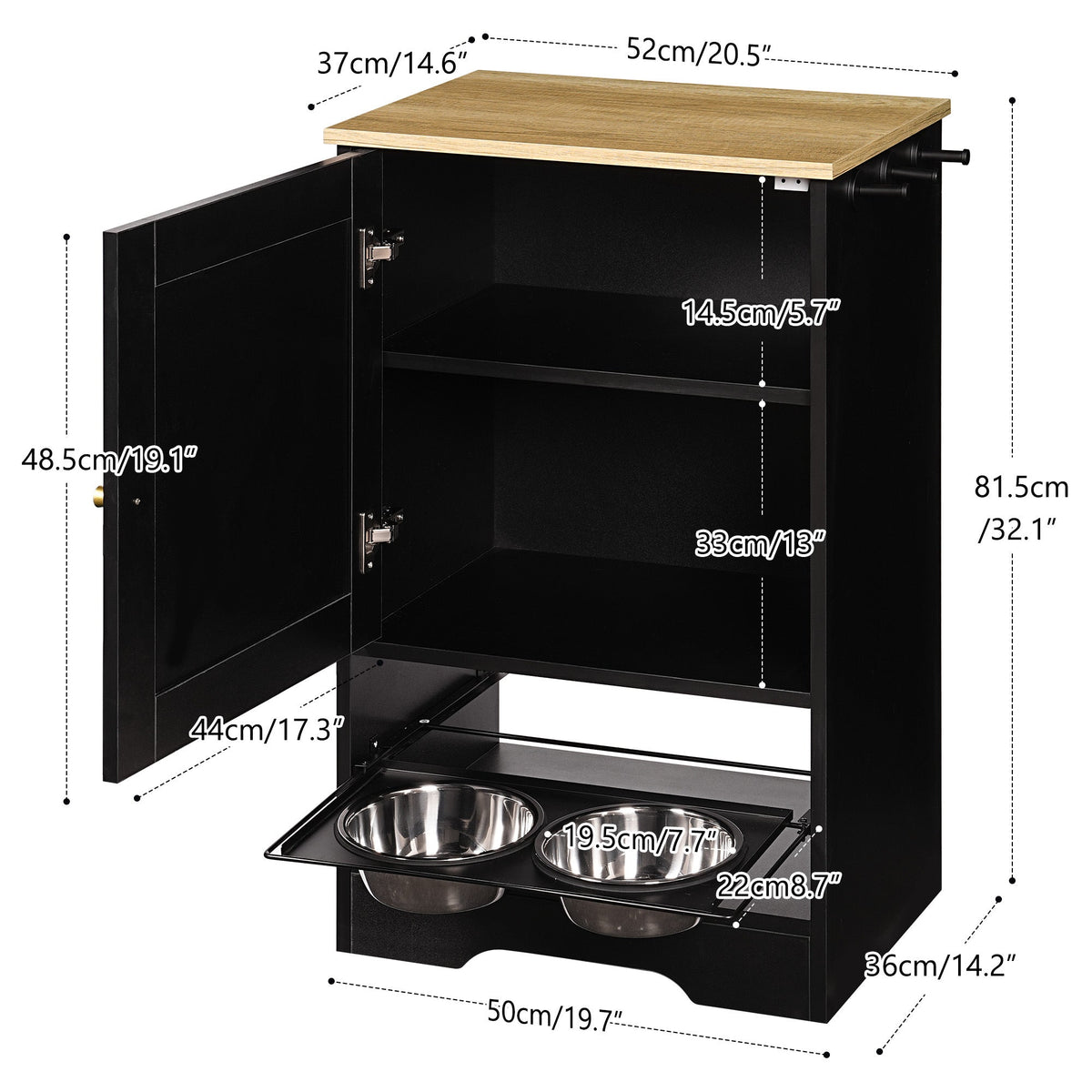 Feeding Station with Storage Cabinet and Stainless Steel Bowls - Black