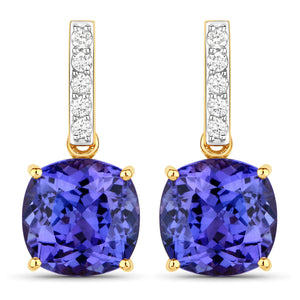 5.64 Carat Genuine Tanzanite and White Diamond 14K Yellow Gold Earrings