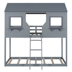 Twin Over Twin Bunk Bed With Roof, Window, Guardrail, Ladder