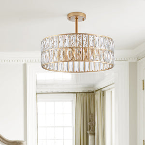 18' Golden Modern Crystal Drum Chandelier, 6-Light Pendant Lighting Fixture with Metal Frame
