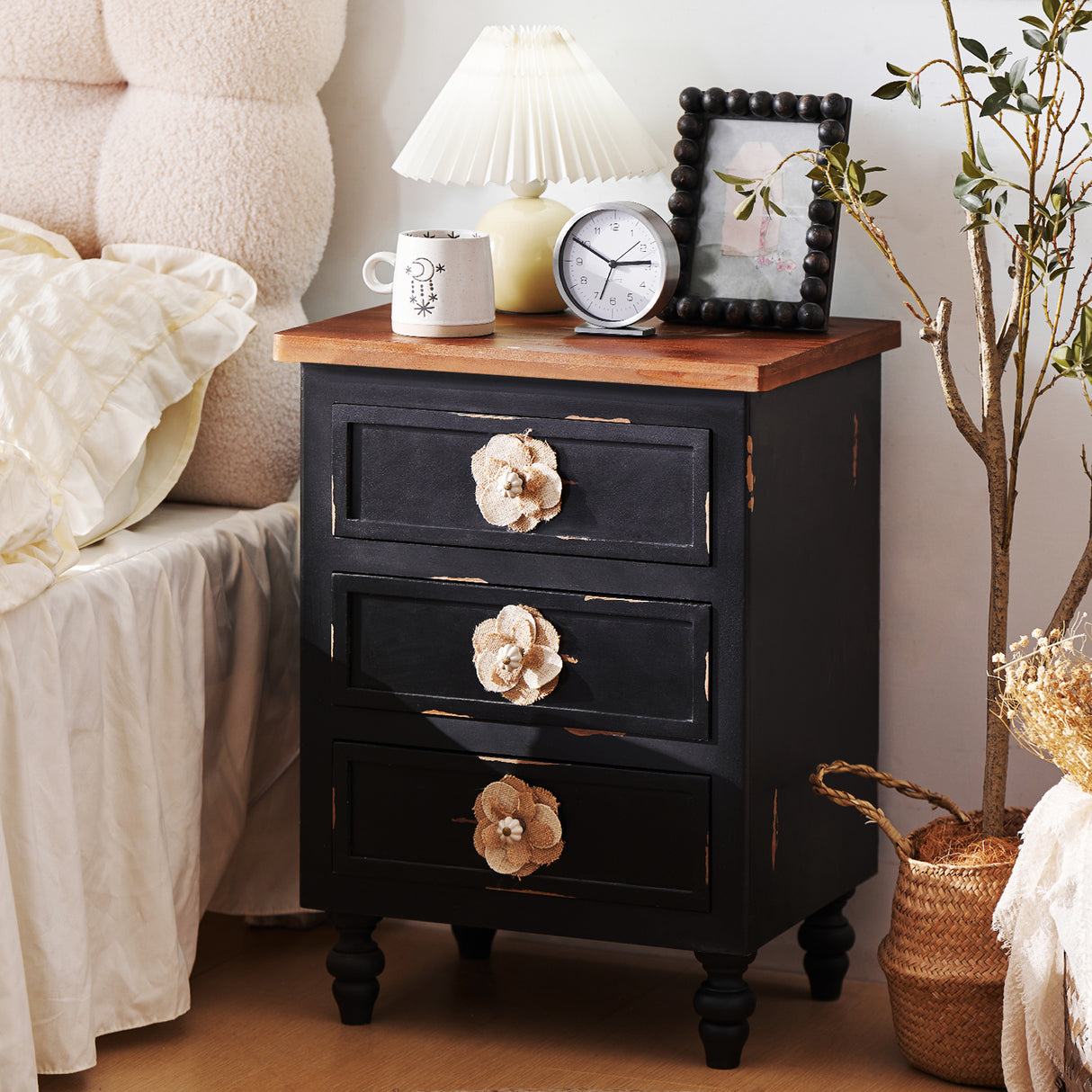 Rustic Dark Blue 3-Drawer Wooden Cabinet with Aged Finish & Floral Handles – 24.8" H- Black