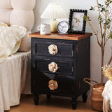 Rustic Dark Blue 3-Drawer Wooden Cabinet with Aged Finish & Floral Handles – 24.8" H- Black