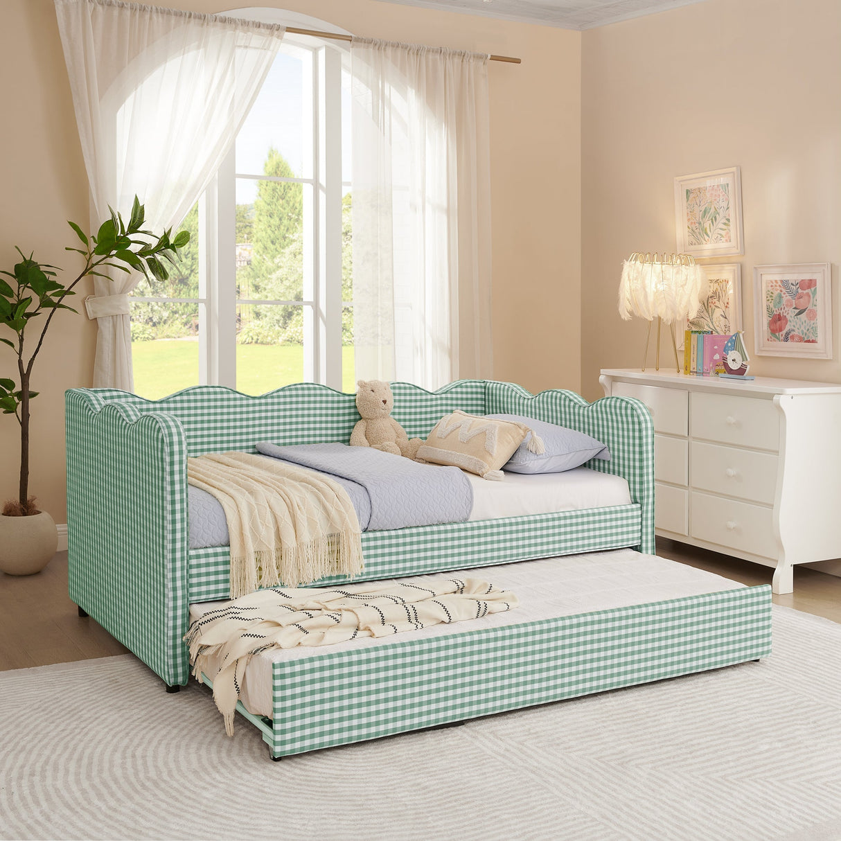 Cozy Gingham Daybed with Trundle Twin Size Sofa Bed No Box Spring Needed, with USB Port and Adorable Wave Shaped, Linen Fabric