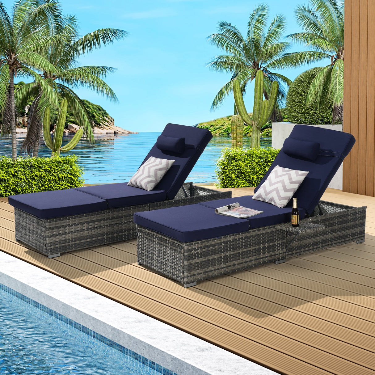 Outdoor Chaise Lounge Chair Set of 2 with Storage