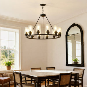 Black Wagon Wheel Chandelier 31.5 Inch Modern Farmhouse Glass Pendant Light 12-Light Ceiling Hanging Lighting Fixtures for Living Room Dining Room Kitchen Island Foyer--NO INCLUDED BULBS