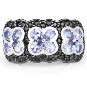 14K Yellow Gold Plated 2.60 Carat Genuine Tanzanite and Black Spinel .925 Sterling Silver Ring