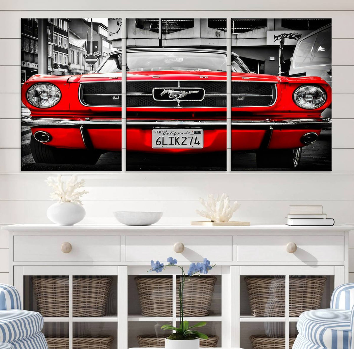 Red Mustang Car Wall Art – Framed Classic Vehicle Canvas