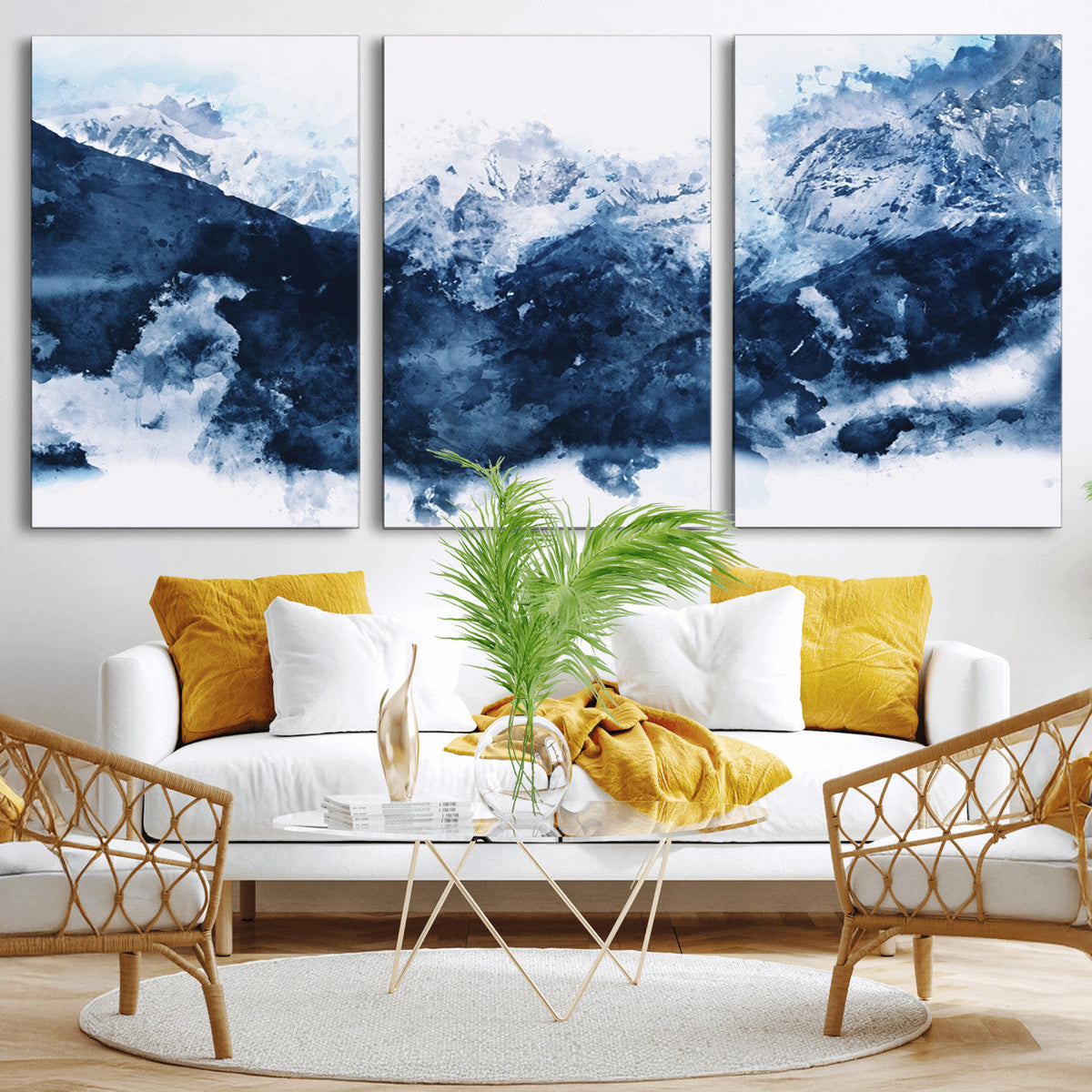 Abstract Blue Mountain Canvas Wall Art – Modern Triptych