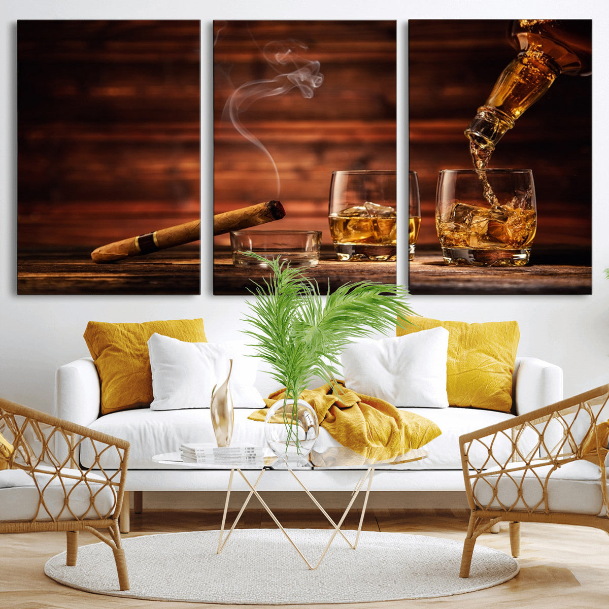 Whiskey and Cigar Wall Art Canvas | 3 Panel Bar Room Decor