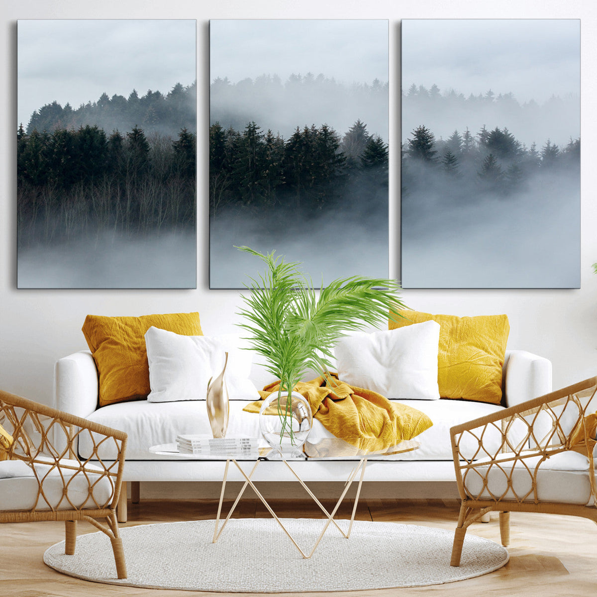Autumn and Misty Trees in the Forest Wall Art Canvas Print,