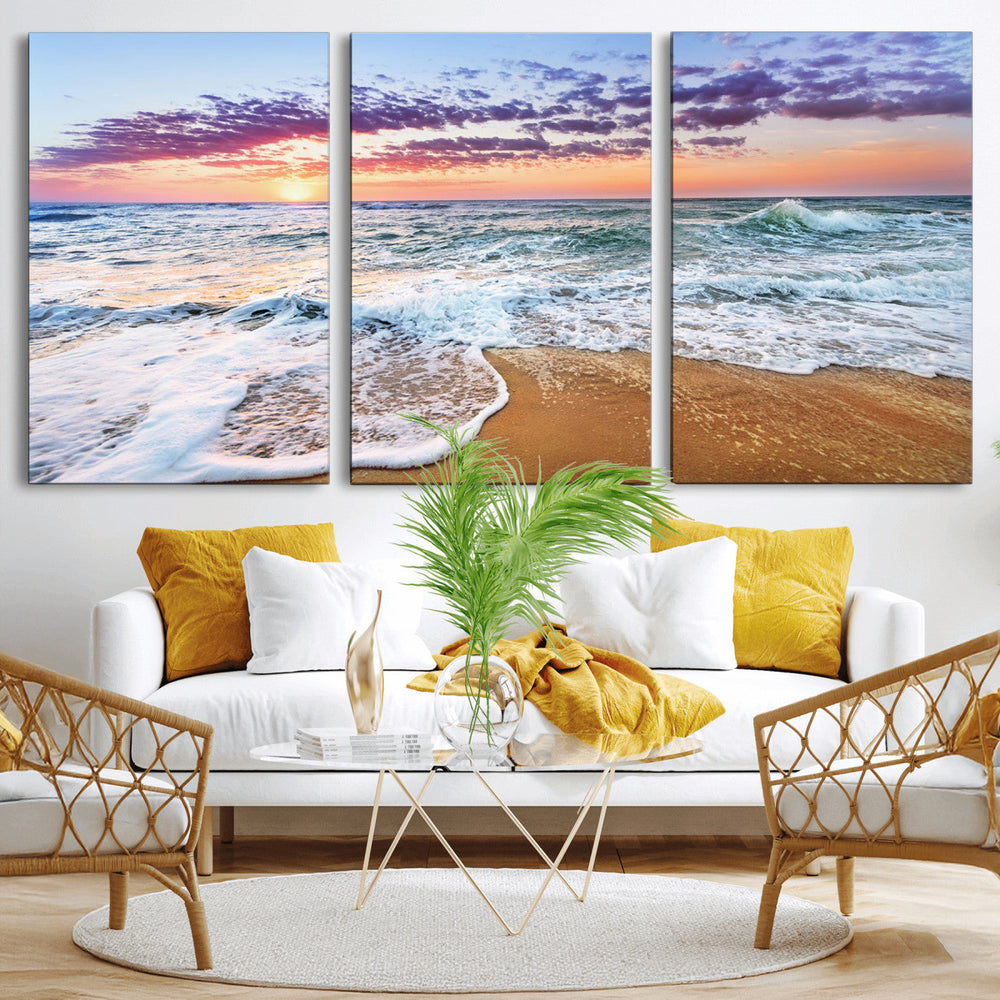 Coastal Sunset Art Beach Canvas Wall Art Print | Ocean Waves