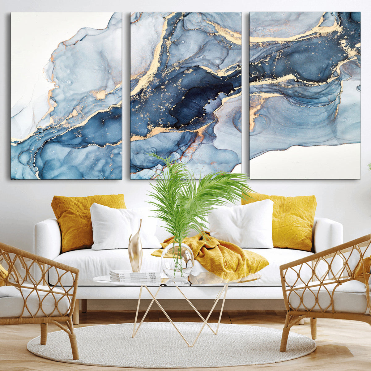 Blue Abstract Canvas Wall Art Print | Fluid Marble Effect Abstract Art