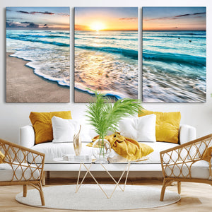 Sunset Beach Waves Canvas Wall Art – 5-Panel Ocean Sunset