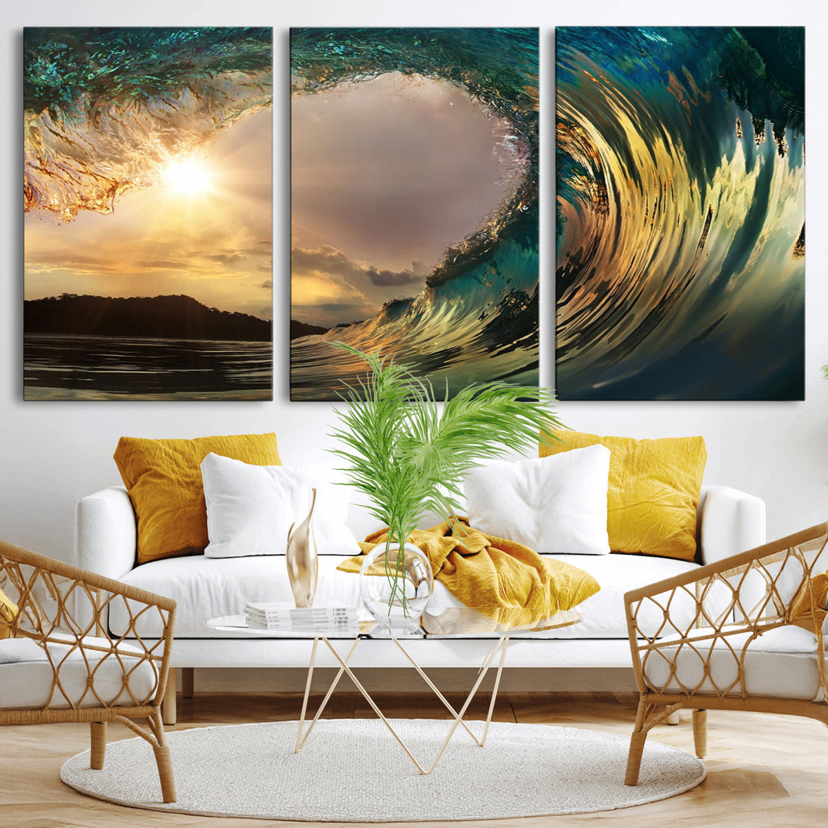 Golden Wave Sunset Canvas Print – Large Coastal Wall Art for