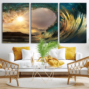 Golden Wave Sunset Canvas Print – Large Coastal Wall Art for