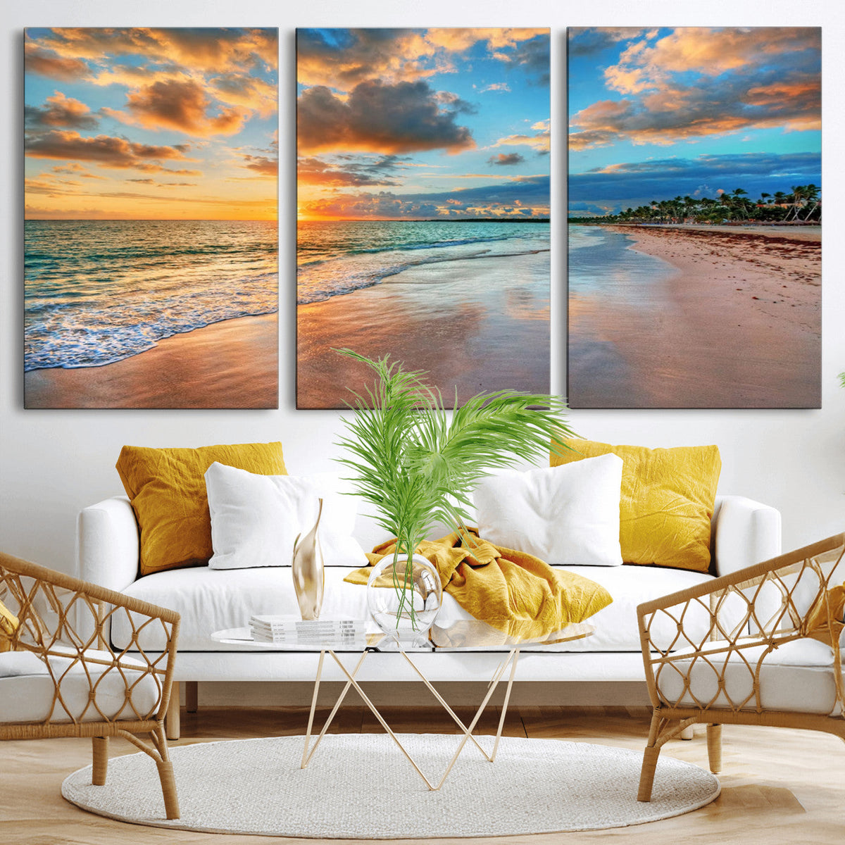Sunset Ocean Waves on Tropical Beach, 3-Panel Giclee Canvas