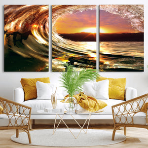 Golden Wave Sunset Triptych Canvas Art, Giclee Canvas Print