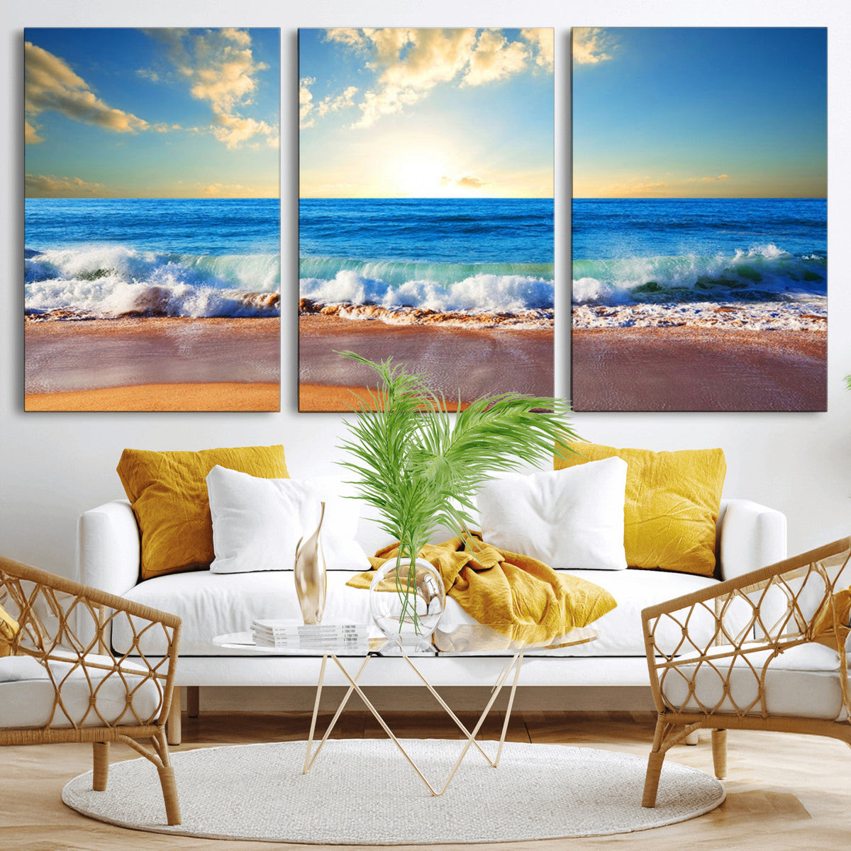 Tropical Beach Sunset Canvas Art, Ocean Waves and Sandy