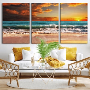 Golden Sunset Beach Canvas Wall Art – Triptych Seascape