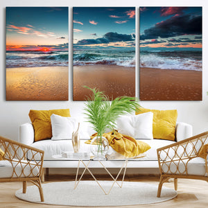 Sunset on Beach Wall Art Ocean Beach Canvas Print