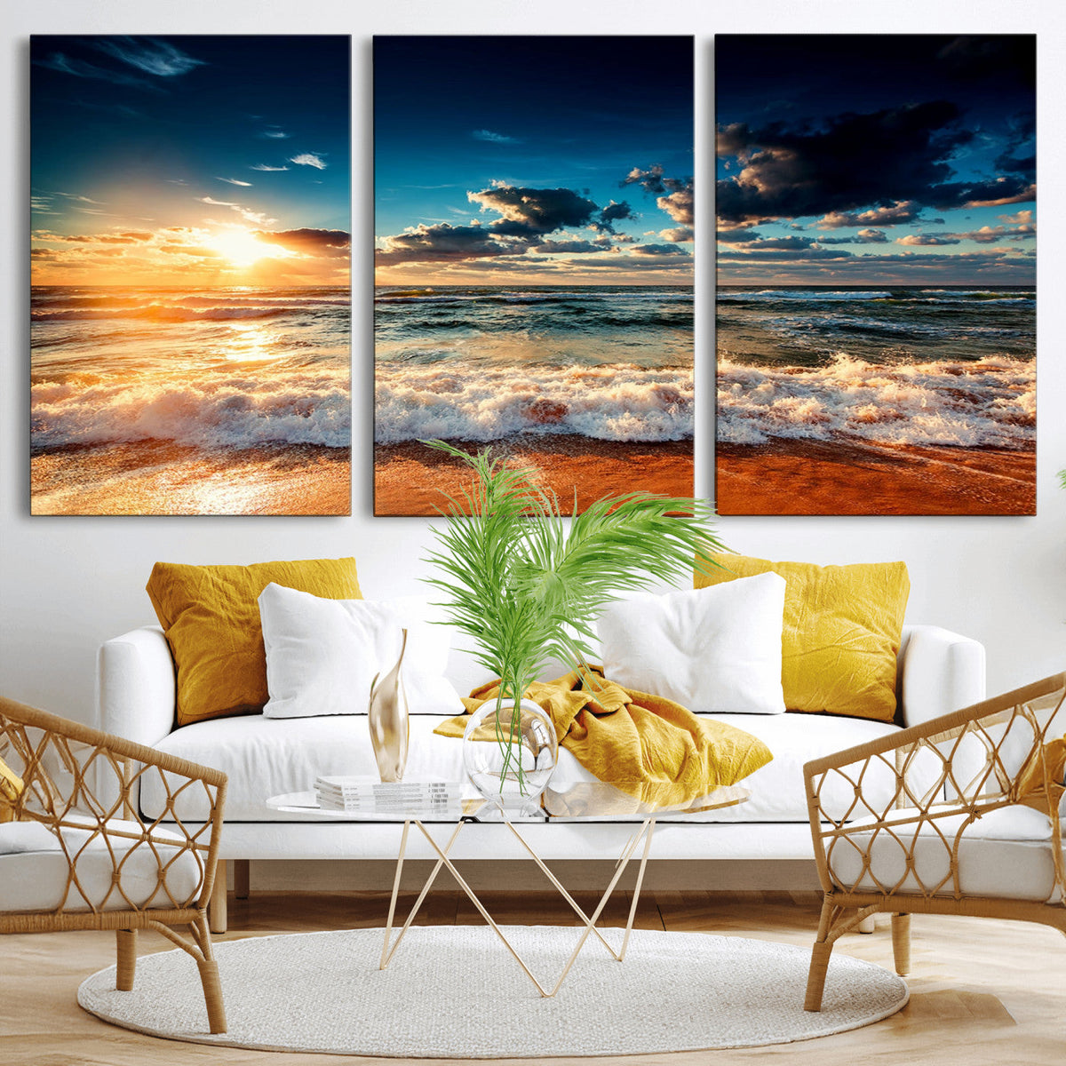 Golden Hour Sunset Over Ocean Waves Wall Art Canvas Print |