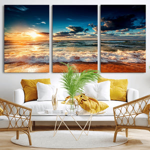 Golden Hour Sunset Over Ocean Waves Wall Art Canvas Print |