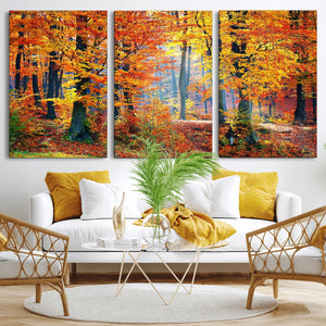 Autumn Red Forest Triptych Canvas Wall Art Print, Forest
