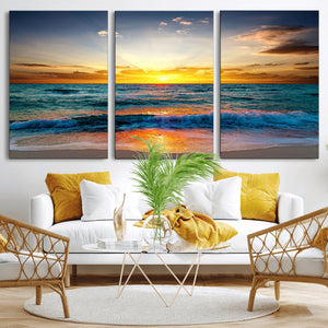 Vibrant Ocean Sunrise Over Golden Beach Waves, Giclee Canvas