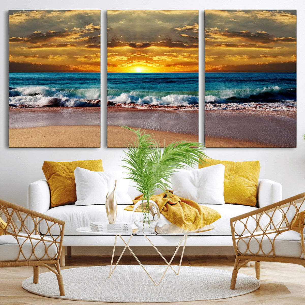 Ocean Sunrise Over Golden Beach Waves, Giclee Canvas Wall