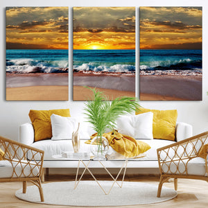 Ocean Sunrise Over Golden Beach Waves, Giclee Canvas Wall