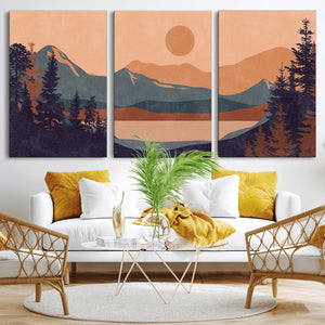 Modern Boho Sunset Canvas Print, Mountain Landscape Triptych