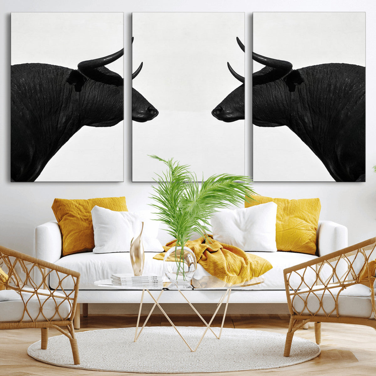 Spanish Bull Art - Framed Black and White Bull Canvas Print